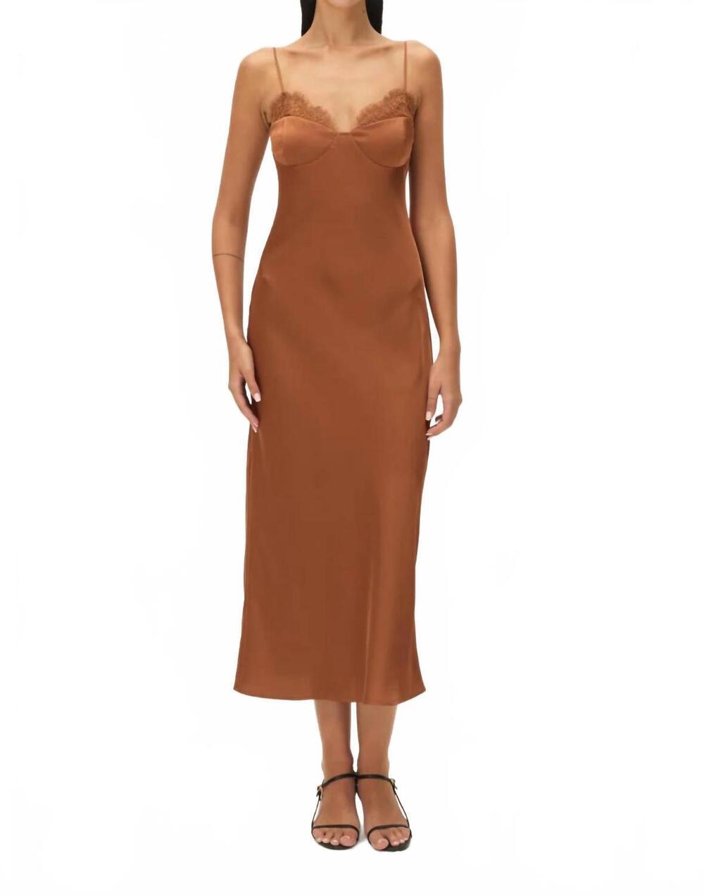 NEW ELODIE nocturne satin slip midi dress in carmelize